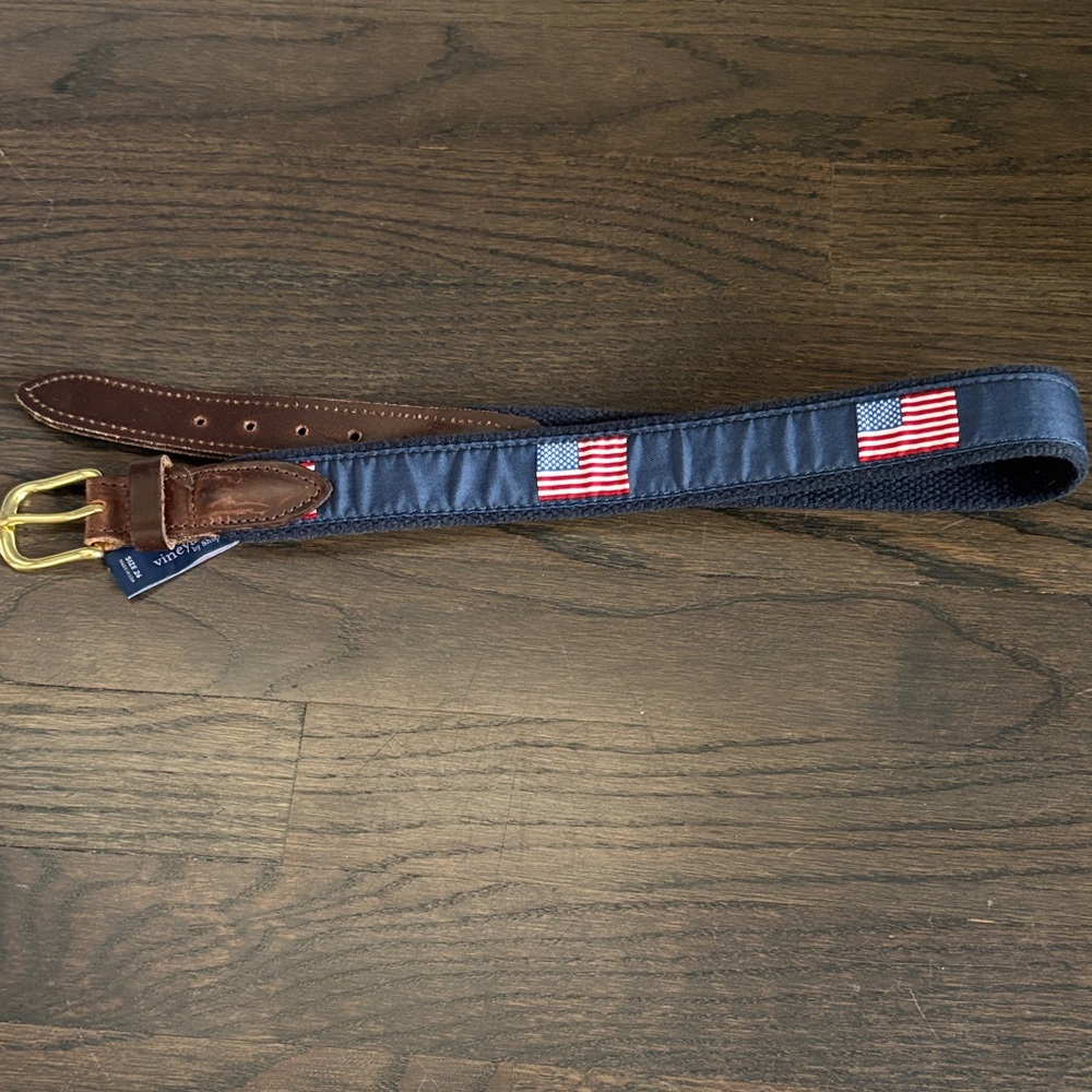 Vineyard Vines Navy Web Belt with American Flag Embroidery